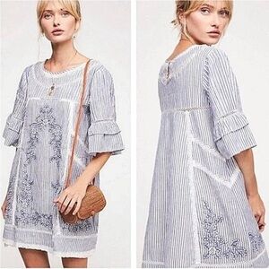 Free People Sunny Day Striped Embroidered Ruffle
Trapeze Mini Dress Blue White